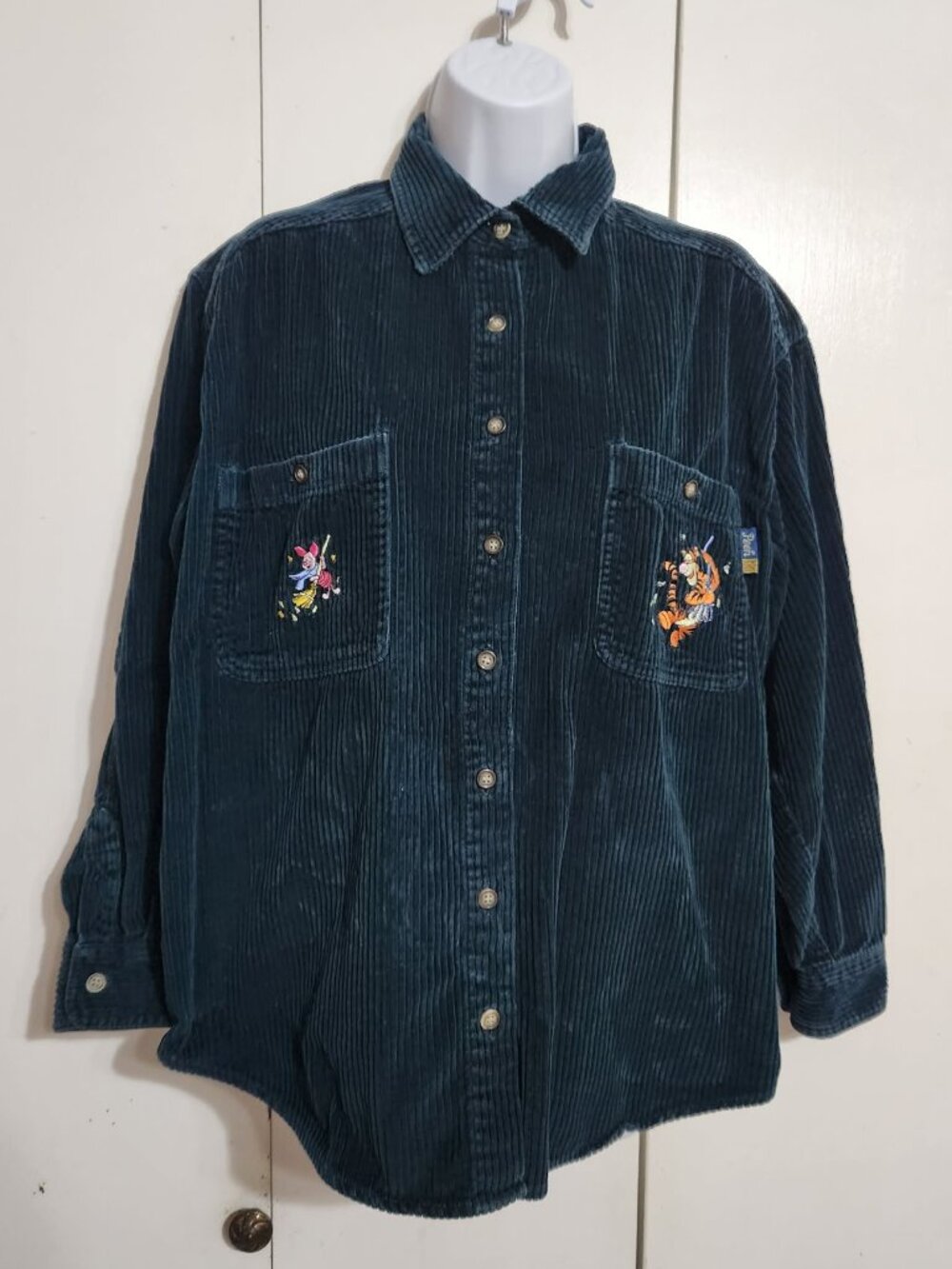 VTG 90s DISNEY Winnie The Pooh Piglet Tigger Green Corduroy Shirt Small Autumn